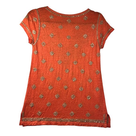 Calypso St. Barth Embroidered Sequined Linen Top Orange Gold Beaded XS Boho Chic - Picture 2 of 9